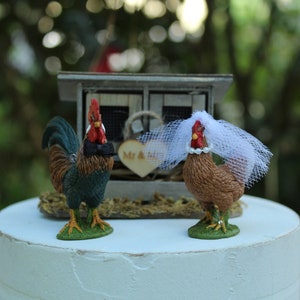 Rooster-Hen-Chicken-Wedding-Cake Topper-Bride-Groom-Farm-Animal-Mr-Mrs-Barn-Rustic-Country-Unique-Funny