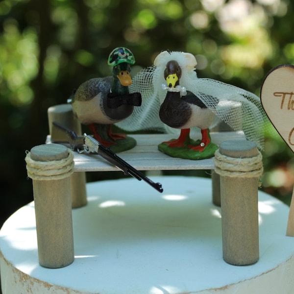 Duck Wedding Cake Topper-Hunter-Hunting-Camouflage-Dock-The Hunt is Over-Gun-Rifle-Groom-Bride-Wedding Cake-Hunting Cake Topper-Mr-Mrs