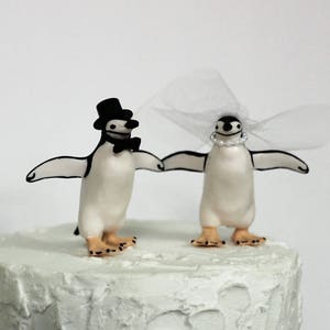 Penguin Wedding Cake Topper, Unique Cake Topper, Bride and Groom, Animal Cake Topper, Black and White Cake image 2