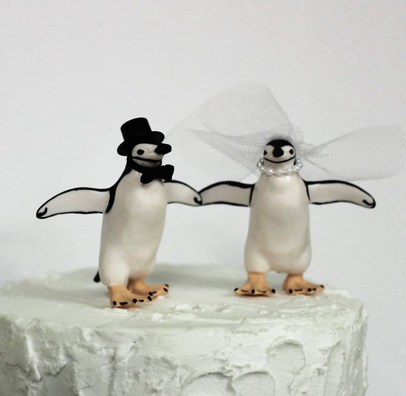 Penguin Wedding Cake Topper, Unique Cake Topper, Bride and Groom, Animal Cake Topper, Black and White Cake image 2