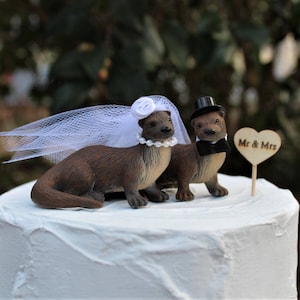 River Otter Wedding Cake Topper, Bride-Groom-Animal-Wooden Raft-Water-Wildlife-