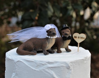 River Otter Wedding Cake Topper, Bride-Groom-Animal-Wooden Raft-Water-Wildlife-