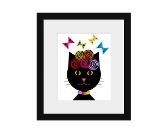 Frida Cat Printable Art Print, Digital Download, Instant Art, Frida Kahlo Cat Print, Cat Lovers Art Gift, Colorful Cat Art, Whimsical Art