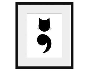 Printable Art, Instant Digital Download, Cat Print, Semicolon, Black and White Wall Art, Modern Art, Minimalist Picture, Cat Lover Gift