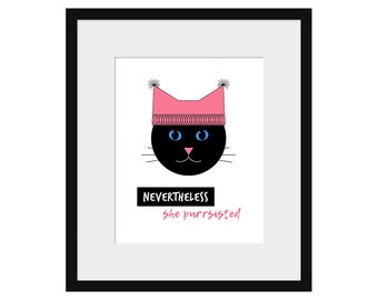 Printable Art, Instant Digital Download, Black Cat Print, Feminist Home Decor, Whimsical Art, Inspirational Quotes, Pink Pussy Hat Print