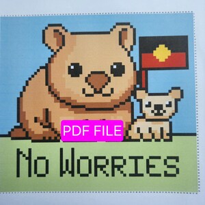 May include: Pixelated illustration of a wombat and joey with an Australian Aboriginal flag. The image includes the text "PDF FILE" in a pink rectangle and the words "No Worries" in black block letters against a blue and green background.