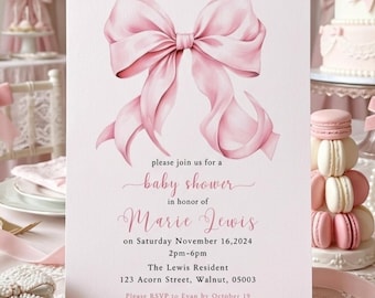 Blush Pink Coquette Bow Baby Shower Invitation Template, Classic Elegant Timeless girl baby shower ribbon digital editable template