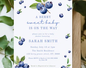 Szablon zaproszenia na baby shower z motywem jagód: motyw słodkich jagód (szablon cyfrowy, 5x7 i rozmiar zaproszenia)