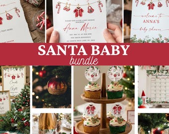 May include: A Santa Baby bundle of printable stationery featuring watercolor illustrations of baby clothes, candy canes, and holly on a clothesline. Includes invitations, signs, cupcake toppers, and a calendar with festive red and green accents.