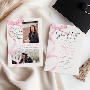 Pink Ribbon Graduation Invitation Template: Photo Grad Party ...
