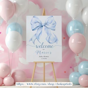 EDITABLE Blue Bow Welcome Sign for Baby shower, Coquette Baby Shower, Blue Coquette, Blue Minimalist Baby Shower Welcome Sign Baby shower