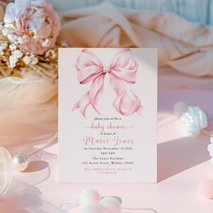 Invitación para baby shower con diseño de coqueta rosa ruborizado: elegante diseño de lazo (descarga digital) imagen 6