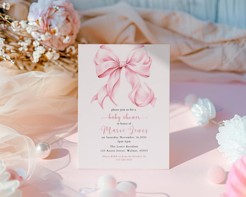 Invitación para baby shower con diseño de coqueta rosa ruborizado: elegante diseño de lazo (descarga digital) imagen 6