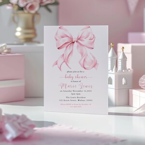 Invitación para baby shower con diseño de coqueta rosa ruborizado: elegante diseño de lazo (descarga digital) imagen 8