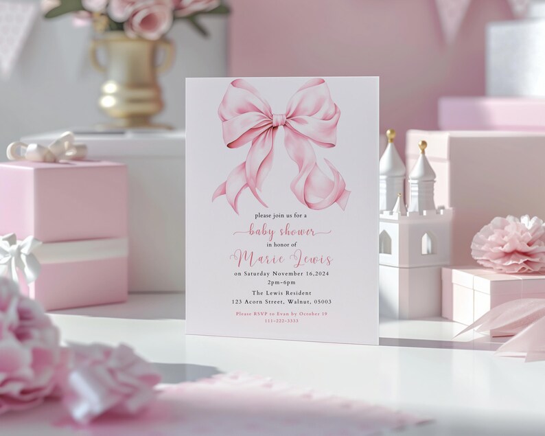 Invitación para baby shower con diseño de coqueta rosa ruborizado: elegante diseño de lazo (descarga digital) imagen 8