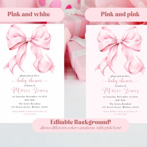 Puede incluir: Dos invitaciones de baby shower rosas con un lazo rosa en cada una. El texto en las invitaciones dice "Please join us for a baby shower in honor of Marie Jewis on Saturday November 16, 2024 2pm-6pm The Lewis Resident 123 Acorn Street, Walnut, 05003". El texto en la parte inferior de las invitaciones dice "&iexcl;Fondo editable! permite diferentes variaciones de color con lazo rosa!"