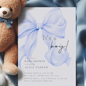 It&#39;s a Boy! Baby Shower, Blue Bow Baby Shower for Baby Boy, Elegant Bow Theme Baby Shower, Blue Coquette Bow, EDITABLE Baby Blue baby shower