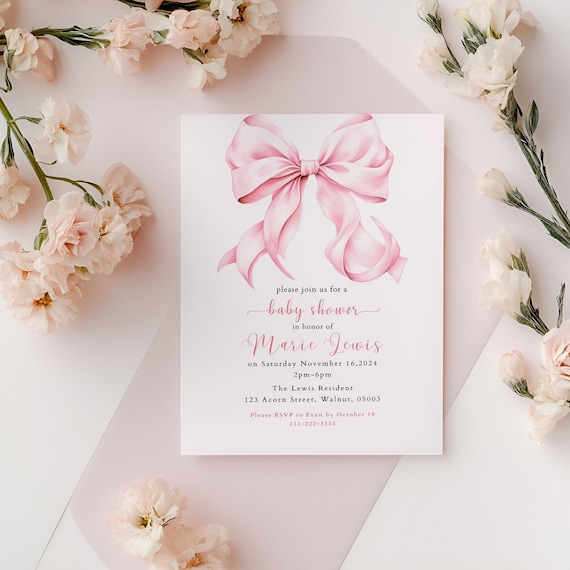 Blush Pink Coquette Baby Shower Invitation: Elegant Bow Design (Digital Download)