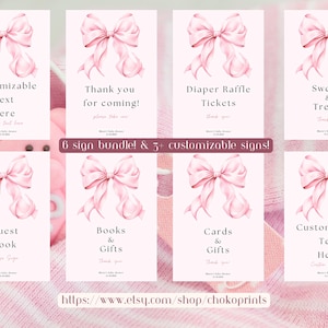 Może przedstawiać: Zestaw do druku tabliczek na baby shower z różowymi akwarelowymi kokardkami i możliwością personalizacji tekstu. Tabliczki zawierają: "Księga gości", "Książki i prezenty", "Kartki i prezenty", "Losy loterii pieluszkowej", "Słodycze i smakołyki" oraz "Dostosuj tekst tutaj".