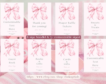 Pink Bow Baby Shower Tischschilder: Bearbeitbar Coquette Decor (Digitale Vorlage)