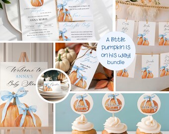 Puede incluir: Un conjunto de decoraciones para baby shower con calabazas de acuarela y lazos azules. Incluye invitaciones, un letrero de bienvenida, adornos para cupcakes y tarjetas. El texto "A little pumpkin is on his way!" es visible.