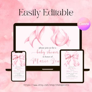 Puede incluir: Una plantilla de invitaci&oacute;n para baby shower rosa y blanca con un dise&ntilde;o de lazo de cinta rosa. La plantilla se muestra en una pantalla de computadora port&aacute;til, tableta y tel&eacute;fono inteligente. El texto de la invitaci&oacute;n dice "Por favor, &uacute;nase a nosotros para una baby shower en honor a Marie Leu".