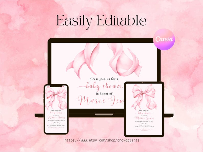 Puede incluir: Una plantilla de invitaci&oacute;n para baby shower rosa y blanca con un dise&ntilde;o de lazo de cinta rosa. La plantilla se muestra en una pantalla de computadora port&aacute;til, tableta y tel&eacute;fono inteligente. El texto de la invitaci&oacute;n dice "Por favor, &uacute;nase a nosotros para una baby shower en honor a Marie Leu".