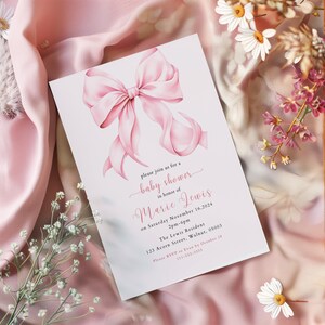 Invitación para baby shower con diseño de coqueta rosa ruborizado: elegante diseño de lazo (descarga digital) imagen 9