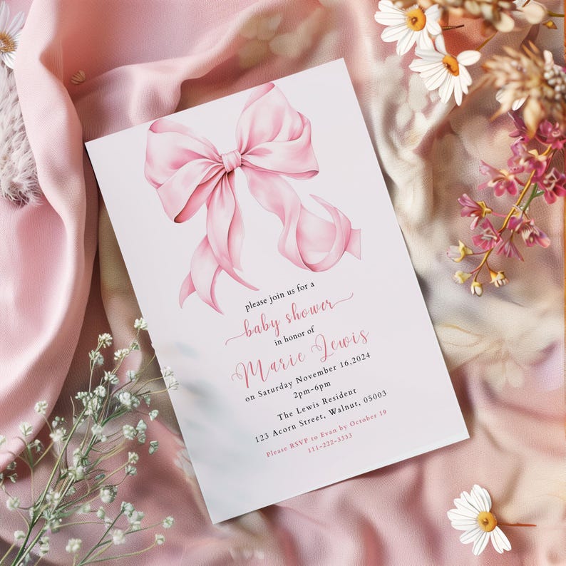 Invitación para baby shower con diseño de coqueta rosa ruborizado: elegante diseño de lazo (descarga digital) imagen 9