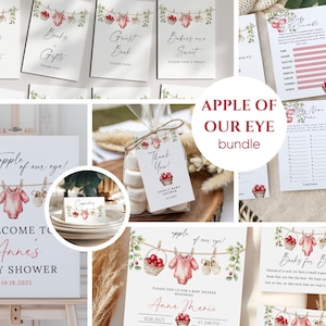 May include: A collection of baby shower decorations with an "Apple of Our Eye" theme. The set includes signs, games, and favor tags. The designs feature watercolor illustrations of baby clothes, apples, and greenery, with text in a delicate script font.