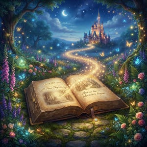 May include: An open book resting on a stone path, with glowing golden light flowing from its pages toward a distant castle. The text reads Chapter One A New Beginning and And so the adventure begins, surrounded by colorful flowers and butterflies.