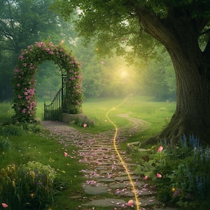 May include: A stone pathway leads through a garden with a metal archway covered in pink roses. A large tree stands on the right side of the path. A glowing golden light trail extends across the grass and stone, with scattered pink petals.