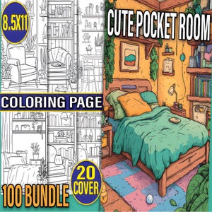 100 Bundle Cute Pocket Room Coloring Pages | Digital Printable PDF Download for Relaxation and Creativity