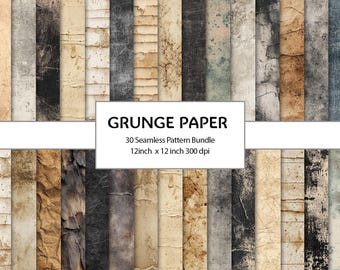 May include: A collection of 30 seamless grunge paper patterns. The papers have a distressed, aged appearance with various textures and colors, including beige, gray, and brown. The text on the image reads "GRUNGE PAPER" and "12inch x 12 inch 300 dpi".