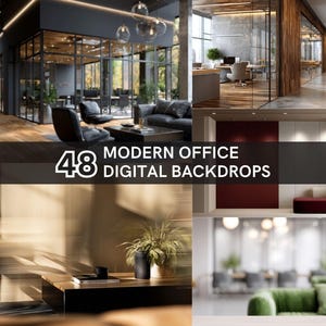 Puede incluir: Imagen compuesta que muestra 48 fondos digitales de oficinas modernas. Las escenas presentan interiores de oficinas contemporáneas con paredes de vidrio, muebles elegantes y luz natural. El texto "48 MODERN OFFICE DIGITAL BACKDROPS" es visible.