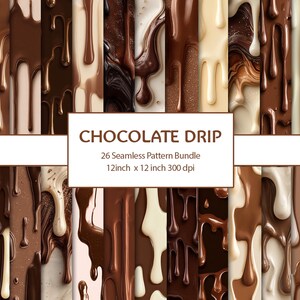 May include: A collection of 26 seamless chocolate drip patterns. The patterns feature various shades of brown and white, with drips and textures. The image includes the text "CHOCOLATE DRIP" and "26 Seamless Pattern Bundle 12inch x 12 inch 300 dpi".