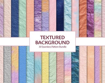 May include: A collection of 30 seamless textured background patterns in various colors, including pink, blue, green, and purple. The image features a variety of textures and colors, with the text "TEXTURED BACKGROUND 30 Seamless Pattern Bundle".