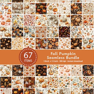 Könnte beinhalten: Sammlung von 67 nahtlosen Herbstmustern mit Kürbissen, Blättern und herbstlichen Elementen. Jedes Muster ist 30,48 cm x 30,48 cm und 300 dpi. Die Muster sind in Orange-, Braun- und Cremetönen gehalten.