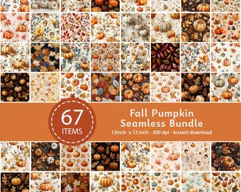 Fall Pumpkin Seamless Pattern Bundle – 67 Autumn Digital Papers, Thanksgiving Scrapbook & Craft Backgrounds
