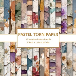 May include: A collection of 36 seamless pastel torn paper patterns. The designs feature a variety of colors, including beige, blue, orange, and purple, with floral and botanical elements. Each pattern is 12 inches by 12 inches.