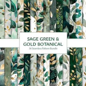May include: A bundle of 36 seamless botanical patterns in sage green and gold. The designs showcase watercolour-style leaves and foliage, with diverse textures and styles. The text "SAGE GREEN & GOLD BOTANICAL" is displayed.