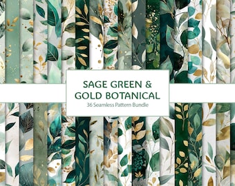 Saliegroene en gouden naadloze patroonbundel | 36 bohobotanisch digitaal papier | Achtergronden met aquarelbladeren