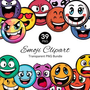 Paquete de imágenes prediseñadas de emojis: 39 caras de dibujos animados en formato PNG para manualidades y proyectos digitales