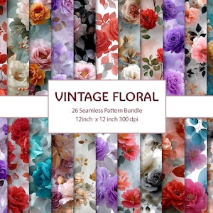May include: A collection of 26 seamless vintage floral patterns. The patterns feature watercolor-style roses and other flowers in shades of red, pink, purple, and teal. Each pattern is 12 inches by 12 inches.