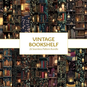 Vintage Bookshelf Seamless Patterns - Digital Paper Pack for Scrapbooking & Crafts, 12x12” Backgrounds