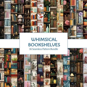 Könnte beinhalten: Eine Collage von skurrilen Bücherregalen mit verschiedenen Büchern, Pflanzen und dekorativen Gegenständen. Das Bild zeigt eine Vielzahl von Farben, darunter Braun, Grün und Blau. Der Text "WHIMSICAL BOOKSHELVES 36 Seamless Pattern Bundle" wird angezeigt.