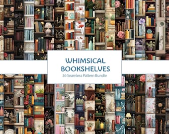 May include: A collage of whimsical bookshelves with various books, plants, and decorative items. The image features a variety of colors, including brown, green, and blue. The text "WHIMSICAL BOOKSHELVES 36 Seamless Pattern Bundle" is displayed.