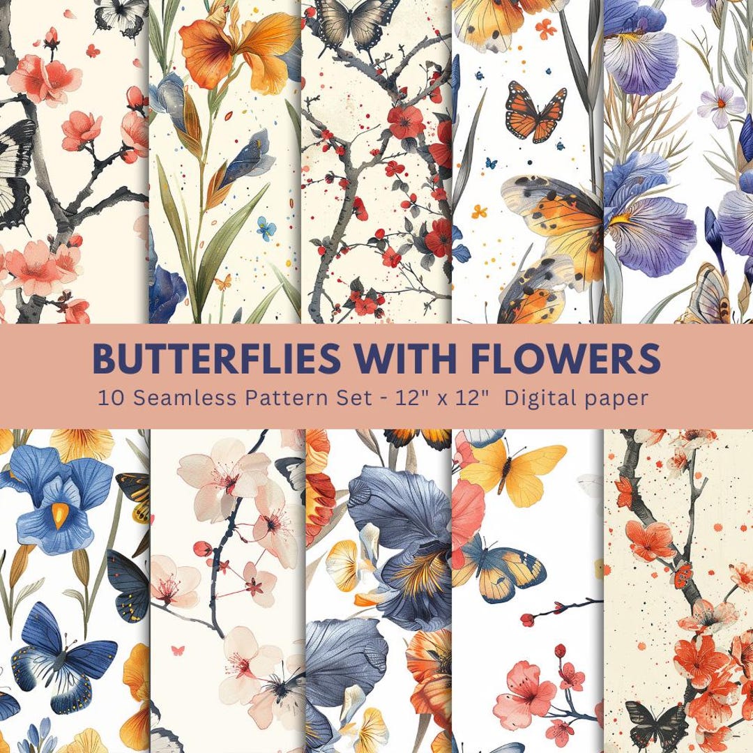Butterflies With Flowers Patterns - Digital Paper Pack - 10 Jpegs ...