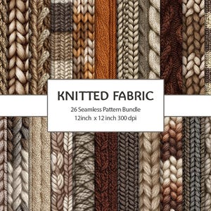 Op de afbeelding: Een verzameling van 26 naadloze gebreide stofpatronen in verschillende tinten bruin, beige en oranje. De patronen omvatten kabelbrei, ribbrei en andere texturen. De afbeelding bevat de tekst "KNITTED FABRIC" en "12inch x 12 inch 300 dpi".