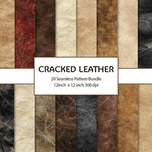Puede incluir: Un conjunto de 20 patrones de cuero agrietado sin costuras en varios colores, incluyendo rojo, marrón y beige. Los patrones miden 30,48 cm x 30,48 cm y tienen 300 ppp. Se muestra el texto "CRACKED LEATHER".